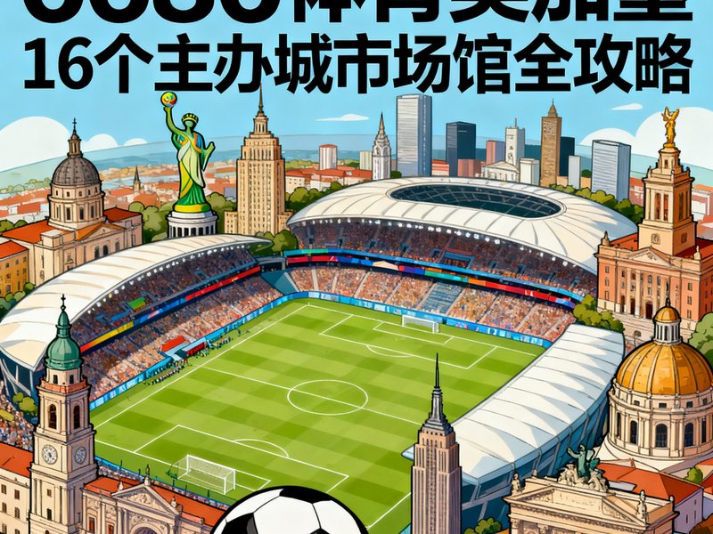 6686体育发布的美加墨16个主办城市场馆全攻略电子手册封面，展示了各城市标志性建筑与足球场融合的插画风格设计。
