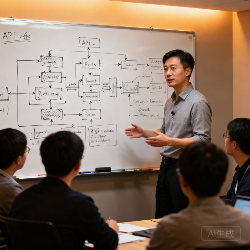 6686体育联合创始人兼CTO张伟在技术团队会议上站在白板前讲解系统架构，白板上画满了数据流程图和API接口设计草图。