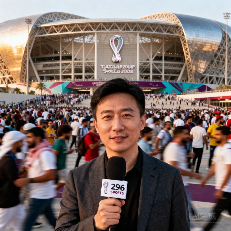 6686体育内容总监陈志远在卡塔尔世界杯现场手持采访话筒，背景是卢塞尔体育场的壮观外观和涌动的人潮。