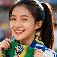 一位年轻的中国女性球迷头像，扎着马尾辫，手里拿着世界杯纪念围巾，笑容灿烂。